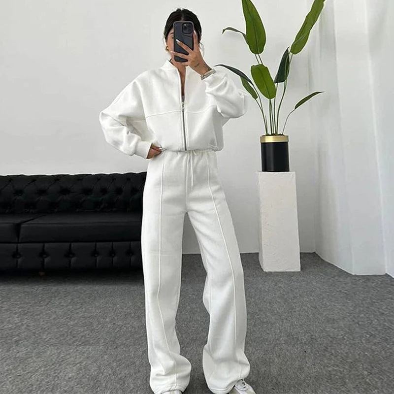 Tracksuit Suits Women's Sportswear 2-piece Retro Zipper Bomber Jacket Sweatshirt High-waisted Women's Loose Velvet Pants Suit