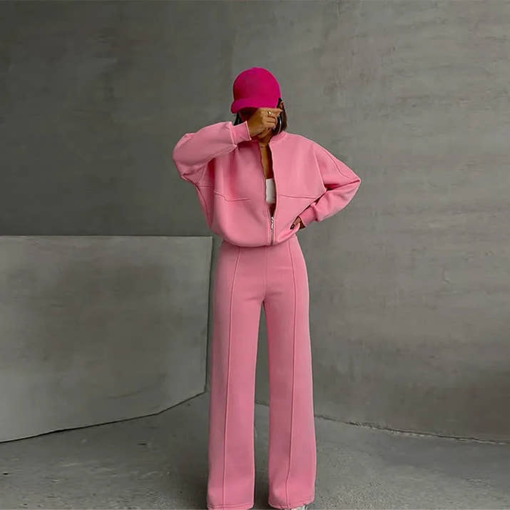 Tracksuit Suits Women's Sportswear 2-piece Retro Zipper Bomber Jacket Sweatshirt High-waisted Women's Loose Velvet Pants Suit