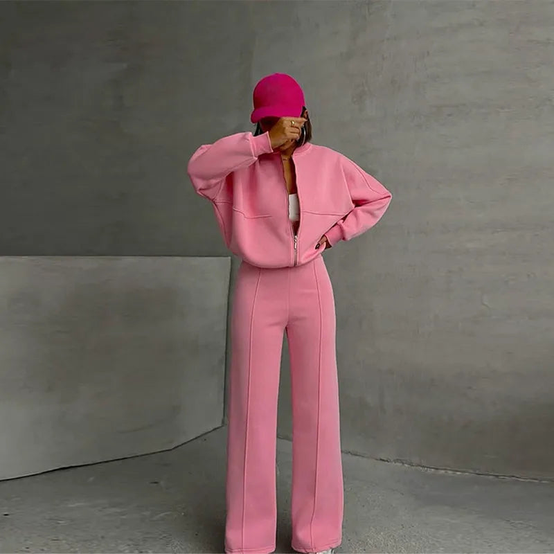 Tracksuit Suits Women's Sportswear 2-piece Retro Zipper Bomber Jacket Sweatshirt High-waisted Women's Loose Velvet Pants Suit