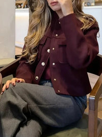 Vintage Wine Red Single Breasted Woolen Jackets Women Elegant Long Sleeve With Pockets Coat Autumn Winter Office Lady Outerwear