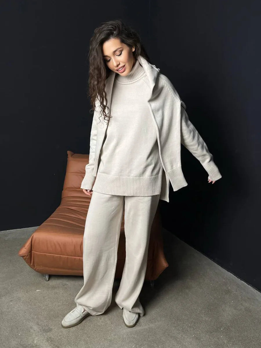 Two Piece Set Women Knitted Tracksuits Elagant Turtleneck Long Sleeve Pullovers Top+High Waist Casual Pants Outfits 2025 Winter