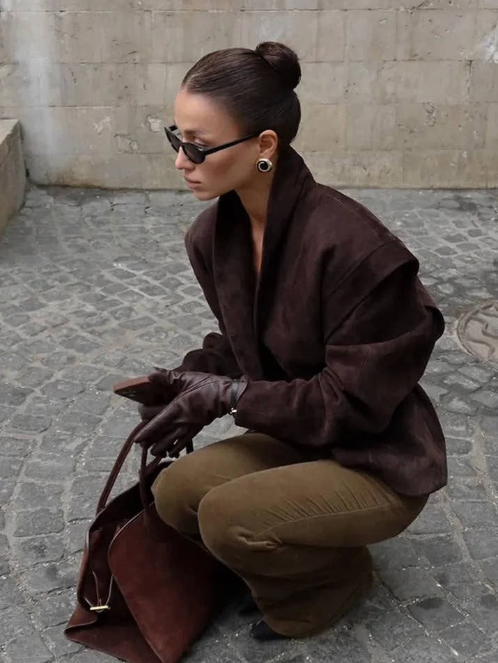 Retro Solid Leather Lapel Jackets Women's Fashion Shoulder Pad Full Sleeve One Button Pocket Coat Autumn New High Street Outwear