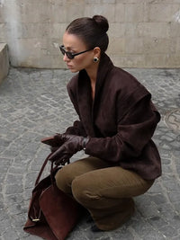 Retro Solid Leather Lapel Jackets Women's Fashion Shoulder Pad Full Sleeve One Button Pocket Coat Autumn New High Street Outwear
