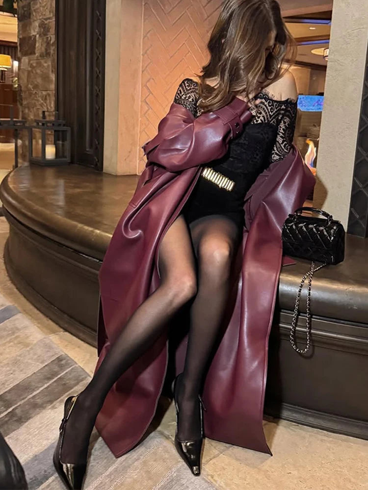 Lace Up Retro Leather Longtrench Coat Women's Fashion Burgundy Lapel Loose Outerwear 2025 New Fall Daily Commute Street Coats