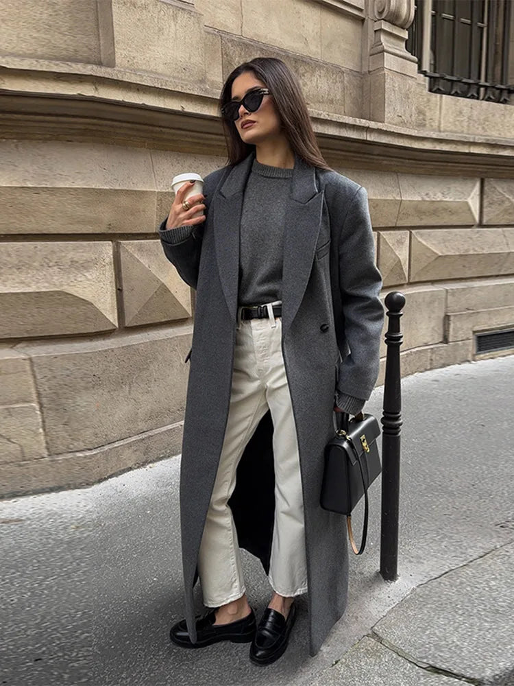 Office Women's Woolen Long Coat Turn-down Collar Long Sleeve Single Button Mid-length Outerwear 2025 Autumn New Lady Overcoats