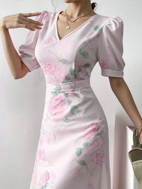 Rafiah Women's Summer Pink Floral Print V-Neck Short Sleeve Maxi Dress 2025 Puffed Sleeves Ruffled Hem Casual Elegant Wear