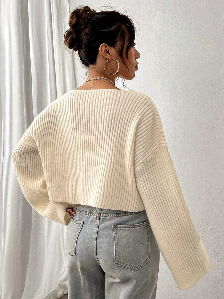 Fashion V-neck solid color knitted sweater loose top women's striped outfit with three-dimensional texture sweater