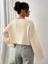 Fashion V-neck solid color knitted sweater loose top women's striped outfit with three-dimensional texture sweater