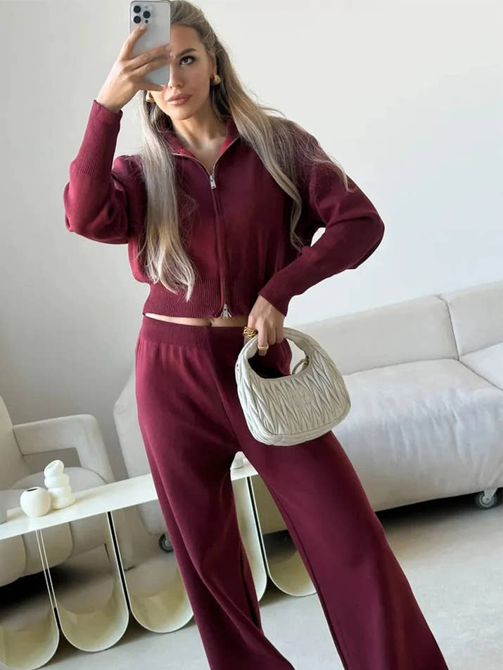 Two Piece Set Women Knitted Tracksuits Elegant Zipper Long Sleeve Sweater+High Waist Cotton Pants 2025 Fall Winter Clothes
