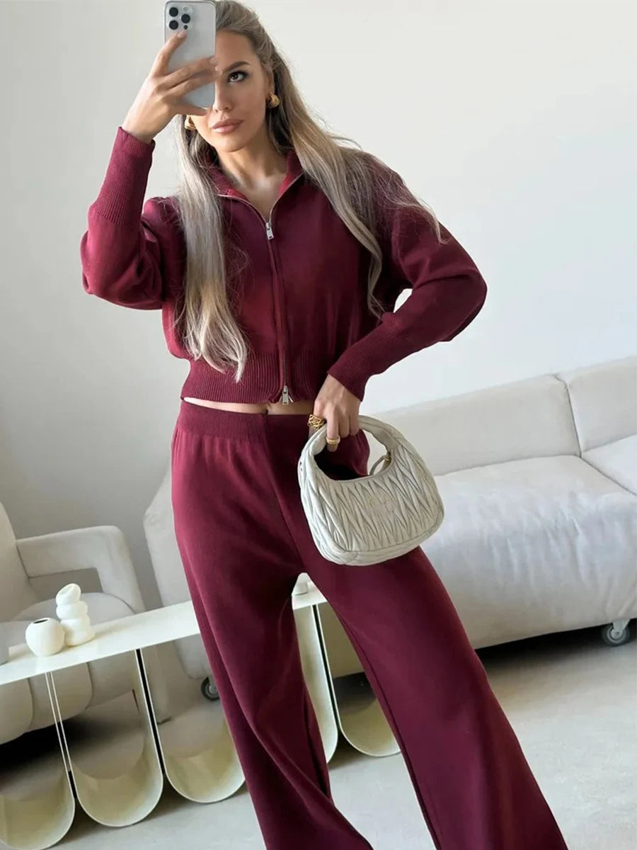 Two Piece Set Women Knitted Tracksuits Elegant Zipper Long Sleeve Sweater+High Waist Cotton Pants 2025 Fall Winter Clothes