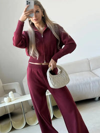 Two Piece Set Women Knitted Tracksuits Elegant Zipper Long Sleeve Sweater+High Waist Cotton Pants 2025 Fall Winter Clothes