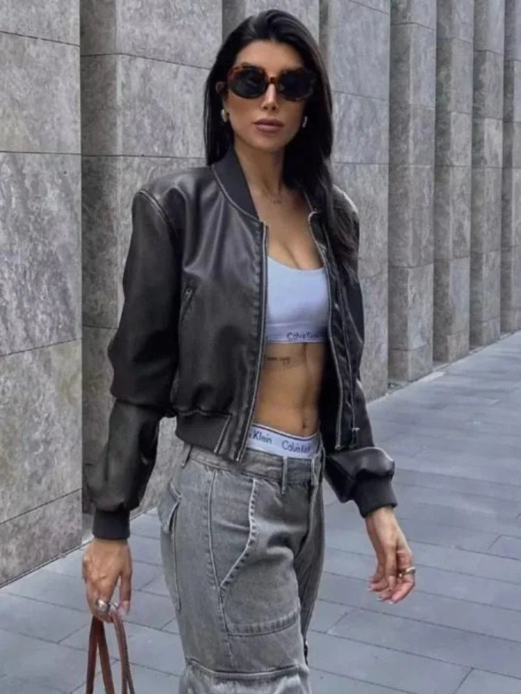 ZBZA Women's PU Leather Jacket Coat Solid Long Sleeves Crew Neck Zipper Pocket Bomber Short Outerwear Fall Winter New Female Top