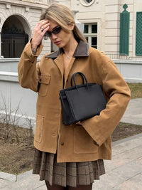 Single Breasted Pocket Khaki Suede Coats Women Fashion Full Sleeve Lapel Loose Jacket 2025 Lady New Daily Commuting Outerwears
