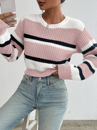 autumn and winter hot sale new acrylic loose drop shoulder round neck color matching knitted long sleeve ladies sweater