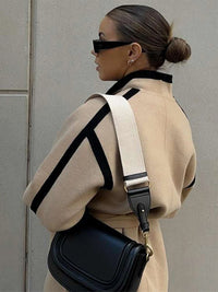 Women's Long Sleeve Thicken Woolen Coat Casual Autumn Jacket with Belt Pockets Spliced Contrast Design for Commuter Outwear