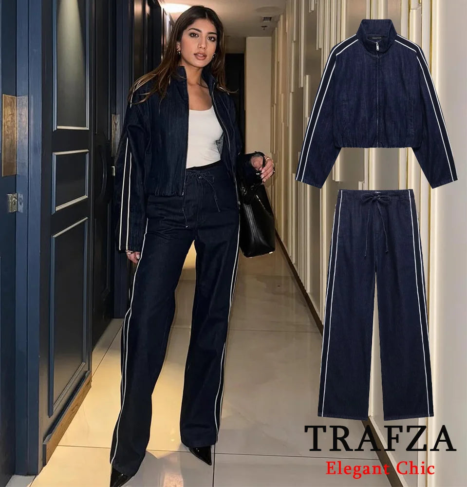 TRAFZA Women High Street Denim Set Side Stripe Stand Collar Zipper Jacket Lace-Up Pant 2025 Autumn Winter Casual Female Set