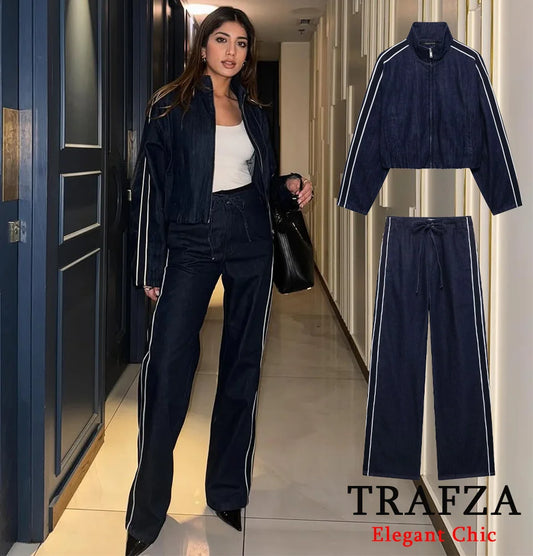 TRAFZA Women High Street Denim Set Side Stripe Stand Collar Zipper Jacket Lace-Up Pant 2025 Autumn Winter Casual Female Set