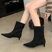 Aneikeh Sexy Women Pointed Toe Vintage Ankle Boots Thin Low Heel Warm Knight Boots Fashion Slip on Party Wedding Shoes Woman