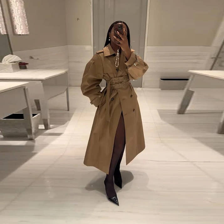 Elegant Lapel Long Windbreakers Women Patchwork Double Breasted Lace Up Oversize Trench Coat 2025 Autumn Street Lady Outerwears