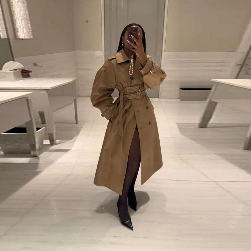 Elegant Lapel Long Windbreakers Women Patchwork Double Breasted Lace Up Oversize Trench Coat 2025 Autumn Street Lady Outerwears