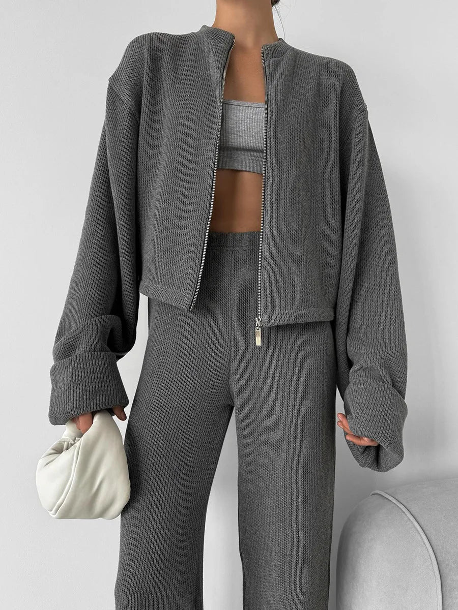 Matching Sets Women Casual Tracksuit Two Pieces Set Loose O Neck Long Sleeves Zipper Cardigan Top Joggers Wide Leg Pants