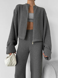 Matching Sets Women Casual Tracksuit Two Pieces Set Loose O Neck Long Sleeves Zipper Cardigan Top Joggers Wide Leg Pants