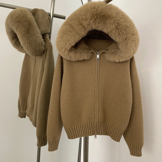 OFTBUY Hooded Oversized Cardigan Women 2025 Autumn Faux Fur Sweater Female Solid Fake Fur Knitting Coat Fashion Loose Knitwear