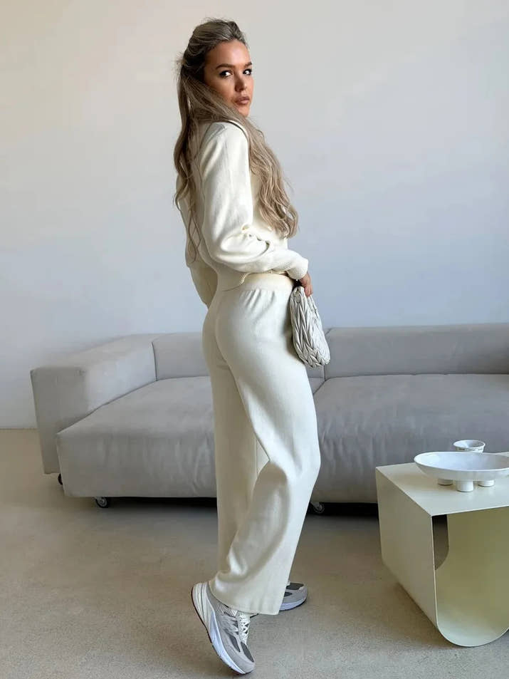 Two Piece Set Women Knitted Tracksuits Elegant Zipper Long Sleeve Sweater+High Waist Cotton Pants 2025 Fall Winter Clothes