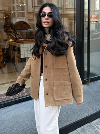 Single Breasted Pocket Khaki Suede Coats Women Fashion Full Sleeve Lapel Loose Jacket 2025 Lady New Daily Commuting Outerwears