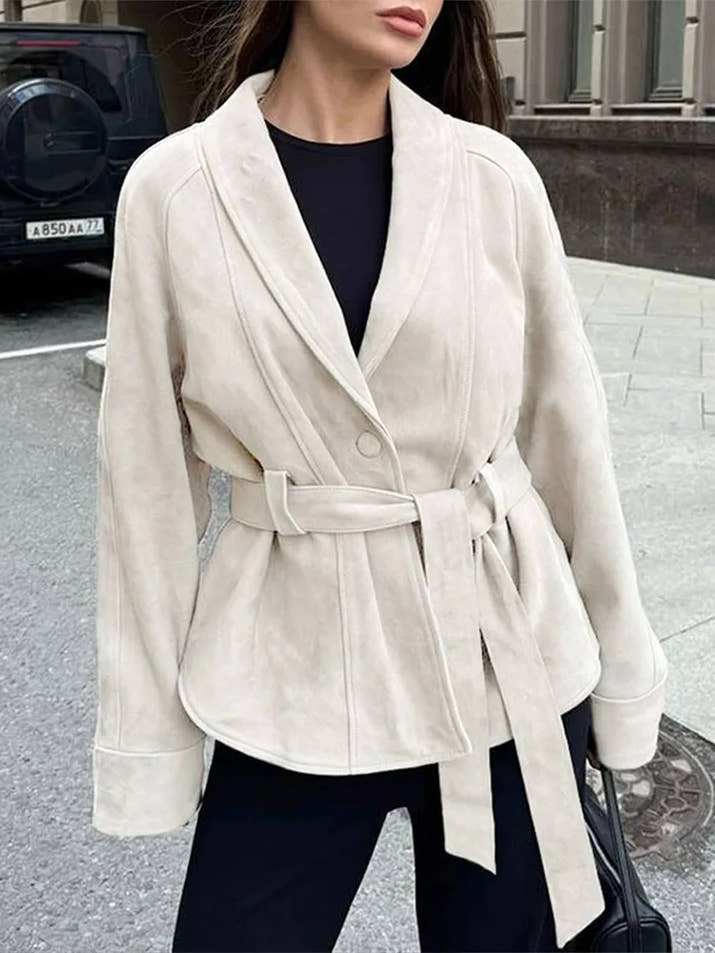 Stand Collar Suede Sashes Jackets Women Vintage Long Sleeves Button Lace Up Slim Coats New Fashion Early Autumn Ladies Outerwear