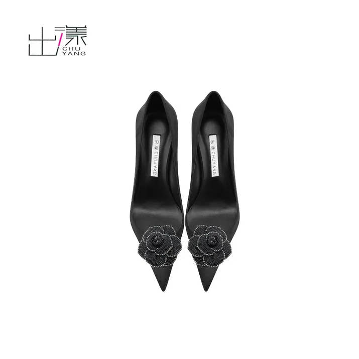 Emerging black high-heeled women's shoes versatile matte leather camellia elegant suede pointed head shallow mouth