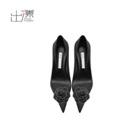Emerging black high-heeled women's shoes versatile matte leather camellia elegant suede pointed head shallow mouth
