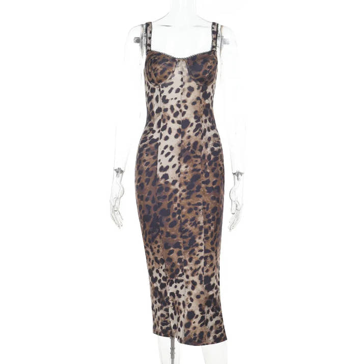 Sexy Strap Leopard Print Backless Bodycon Maxi Dress Women Sleeveless Street Slim Fit Stretch Activity Evening Prom Robe