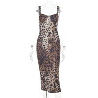 Sexy Strap Leopard Print Backless Bodycon Maxi Dress Women Sleeveless Street Slim Fit Stretch Activity Evening Prom Robe