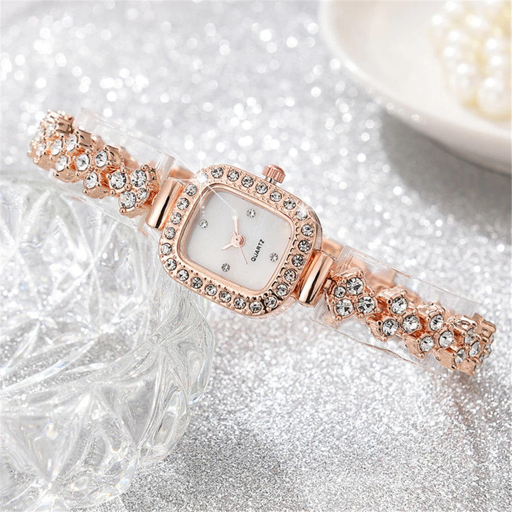 Luxury Sparkle Women's Steel Bracelet Watch Fashion Square Shell Face Design Deluxe Ladies Quartz Watches With Diamonds Clock