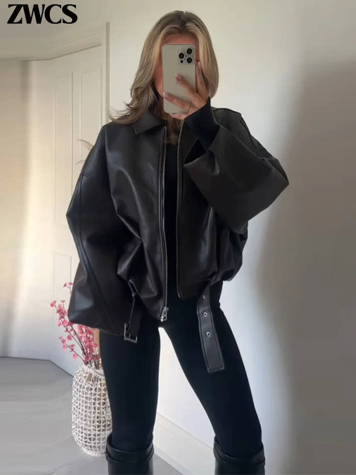 Vintage PU Leather Bomber Jackets 2025 Autumn New Ladies Zipper Lapel Long Sleeve Pocket Coat With Belt Women's Loose Streetwear