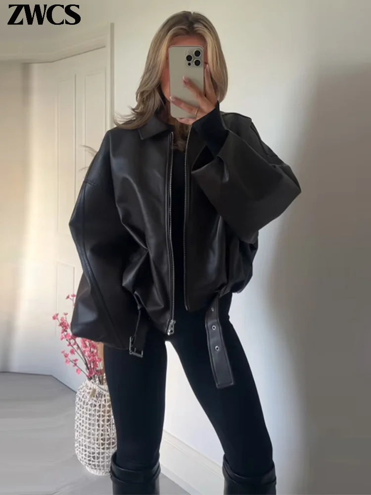 Vintage PU Leather Bomber Jackets 2025 Autumn New Ladies Zipper Lapel Long Sleeve Pocket Coat With Belt Women's Loose Streetwear