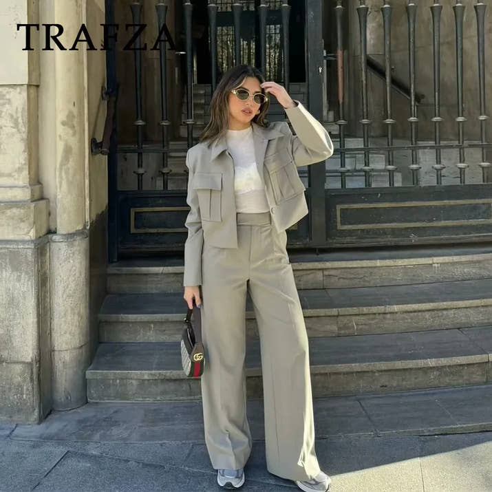 TRAFZA 2025 Fall Winter Women Clothes Green Fashion Streetwear Going Out Outfits Turn-down Collar Jackets Straight Basic Pants