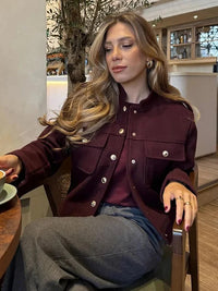 Vintage Wine Red Single Breasted Woolen Jackets Women Elegant Long Sleeve With Pockets Coat Autumn Winter Office Lady Outerwear