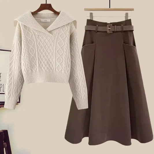 Big Size Women's Autumn Suit New Style Sweater Skirt Two-piece Set Regular Fit Vestidos De Dos Piezas Mujer Elegantes