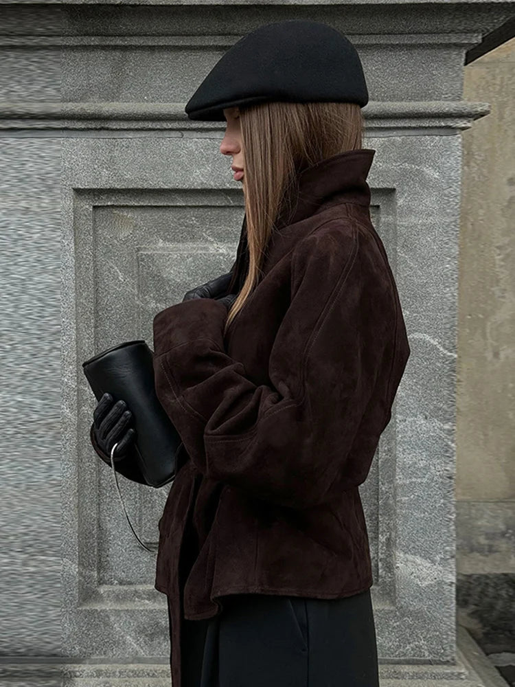 Stand Collar Suede Sashes Jackets Women Vintage Long Sleeves Button Lace Up Slim Coats New Fashion Early Autumn Ladies Outerwear