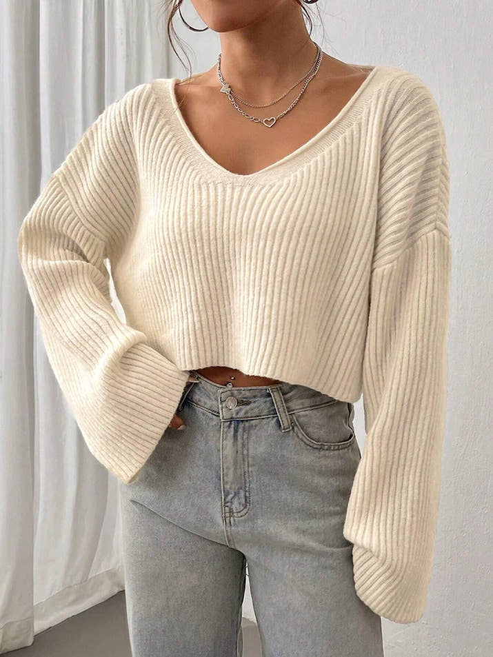 Fashion V-neck solid color knitted sweater loose top women's striped outfit with three-dimensional texture sweater