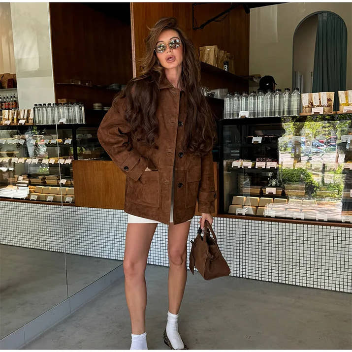 Women Dark Brown Suede Coats Lneck Pocket Single Breasted Pocket Long Sleeves Lady 2025 New Fashion Autumn Highstreet Outerwear