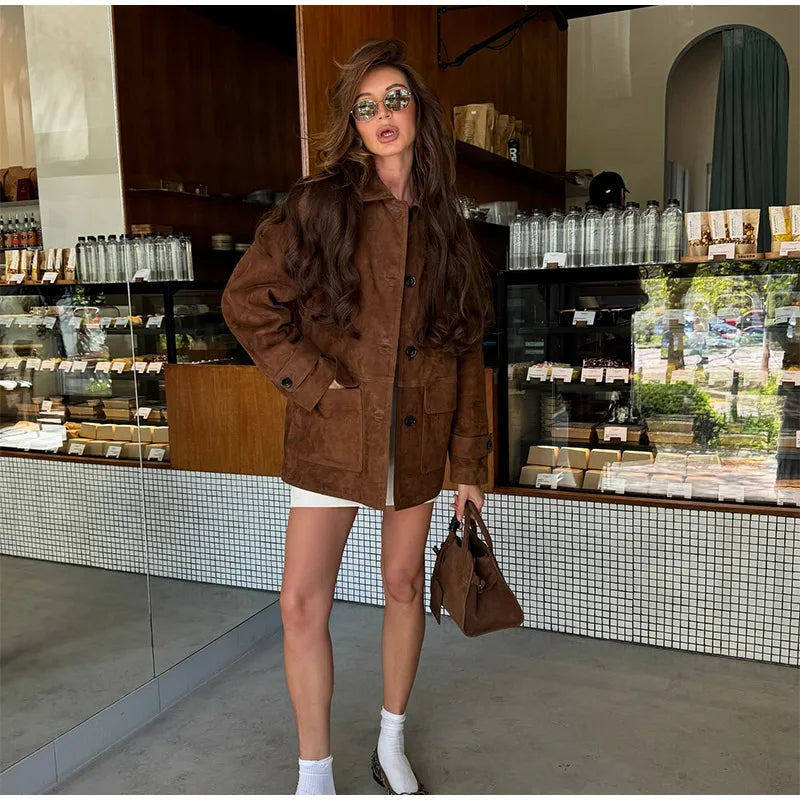 Women Dark Brown Suede Coats Lneck Pocket Single Breasted Pocket Long Sleeves Lady 2025 New Fashion Autumn Highstreet Outerwear