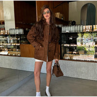 Women Dark Brown Suede Coats Lneck Pocket Single Breasted Pocket Long Sleeves Lady 2025 New Fashion Autumn Highstreet Outerwear