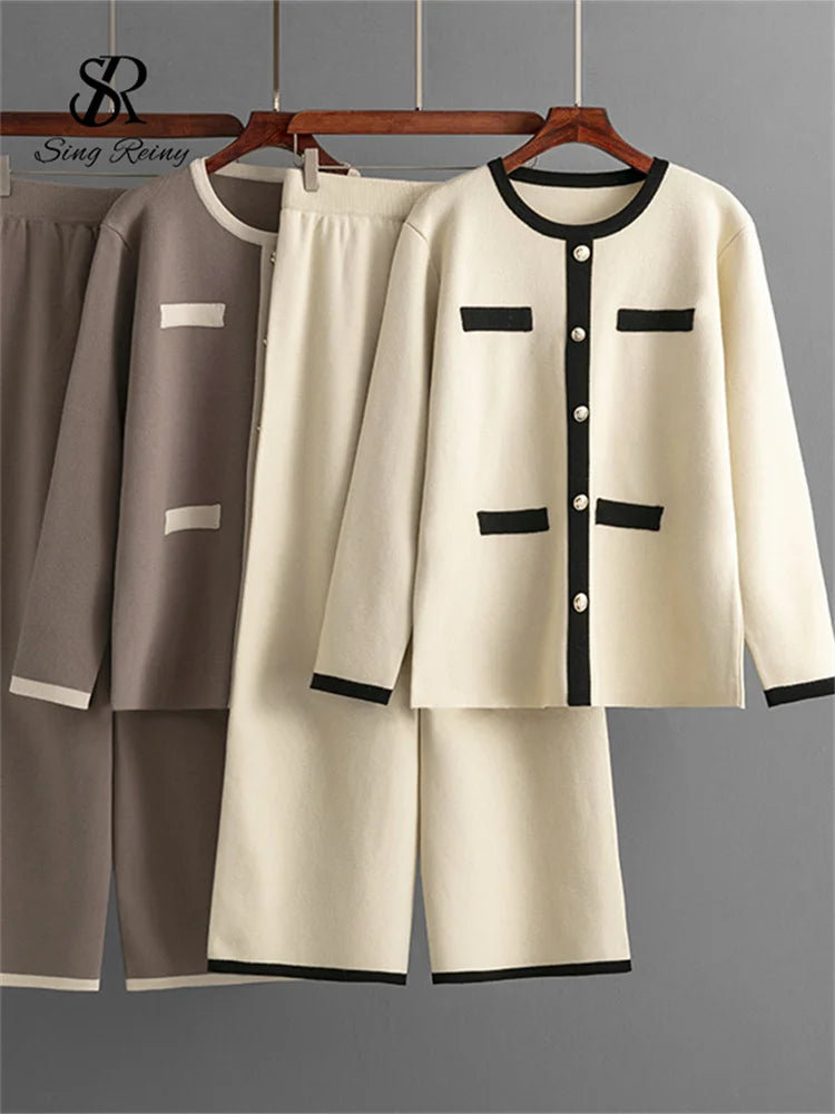 SINGREINY Winter Home Wear Sweater Sets Fashion Loose Long Pullovers+Elastic Long Pants High Quality Knitted Two Pieces Suits