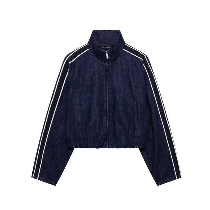 TRAFZA Women High Street Denim Set Side Stripe Stand Collar Zipper Jacket Lace-Up Pant 2025 Autumn Winter Casual Female Set