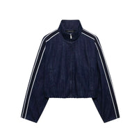 TRAFZA Women High Street Denim Set Side Stripe Stand Collar Zipper Jacket Lace-Up Pant 2025 Autumn Winter Casual Female Set