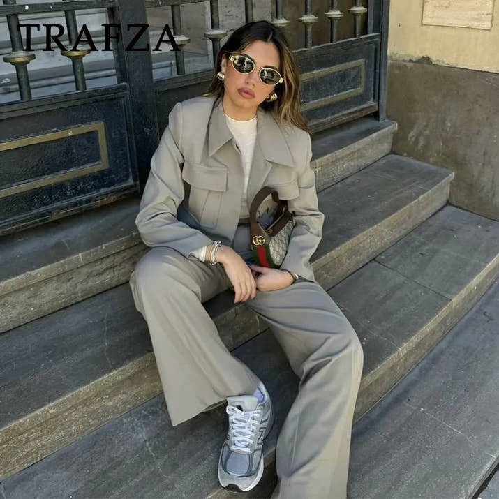 TRAFZA 2025 Fall Winter Women Clothes Green Fashion Streetwear Going Out Outfits Turn-down Collar Jackets Straight Basic Pants
