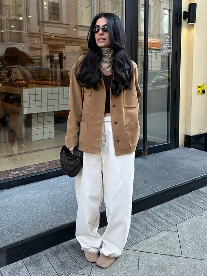 Single Breasted Pocket Khaki Suede Coats Women Fashion Full Sleeve Lapel Loose Jacket 2025 Lady New Daily Commuting Outerwears